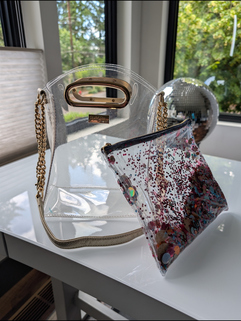 Packed Party Clear Crossbody Tote with Glitter Confetti Pouch - Gold Trim